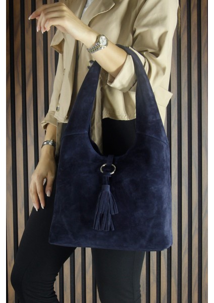 Lacivert Hakiki Dana Süet Püsküllü Manyetik Kapaklı Orta Boy Günlük Omuz Çantası fırsatları