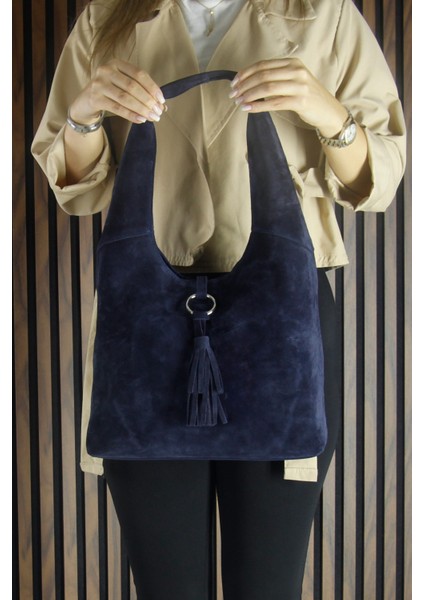 Lacivert Hakiki Dana Süet Püsküllü Manyetik Kapaklı Orta Boy Günlük Omuz Çantası