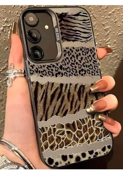 Galaxy A54 ile Uyumlu Kılıf Leopar Desenli Kahverengi Çizgili Metalik Hassas Tuş Butonlu Kamera Kenarları Yükseltilmiş Çıkıntılı Korumalı Arka Kapak