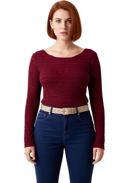 Kadın Vücuda Oturan Dokulu Esnek Örme Bisiklet Yaka Üst Kaliteli Şık Rahat Modern Zarif Günlük fiyatları