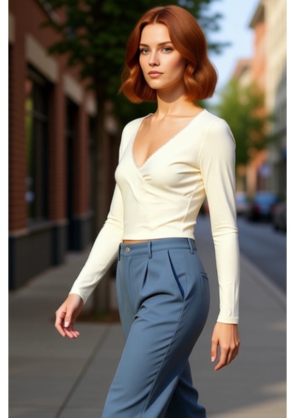 Kadın V Yaka Fitted Crop Uzun Kol Dantel Detaylı Anvelop Kışlık Pamuklu Elastan Bluz Kaliteli