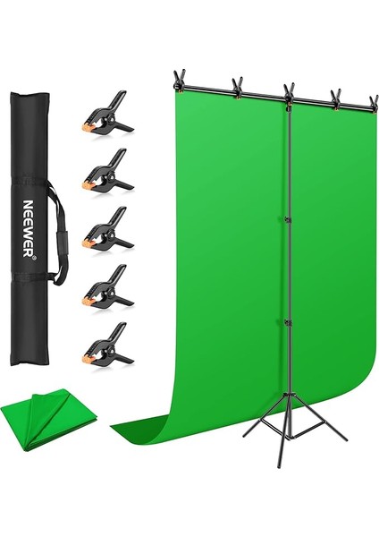 Yeşil Arka Plan Standı Seti, 5 x 2 Ft Chromakey Yeşil Fotoğraf Arka Planı, 5 x 6,6 Ft T Şeklinde Arka Plan Standı, 5 Kelepçe ve Taşıma Çantası, Oyun/youtube/video Konferans/fotoğraf Için