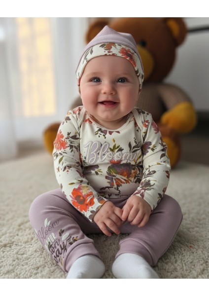 Erkek-Kız Bebek Omuz Genişletmeli Çıtçıtlı Body Pijama Bere Takımı, %100 Pamuk , Modern Tasarım