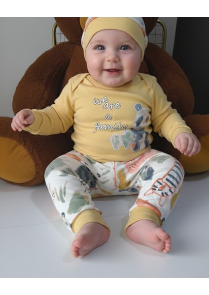 Erkek-Kız Bebek Omuz Genişletmeli Çıtçıtlı Body Pijama Bere Takımı, %100 Pamuk , Modern Tasarım