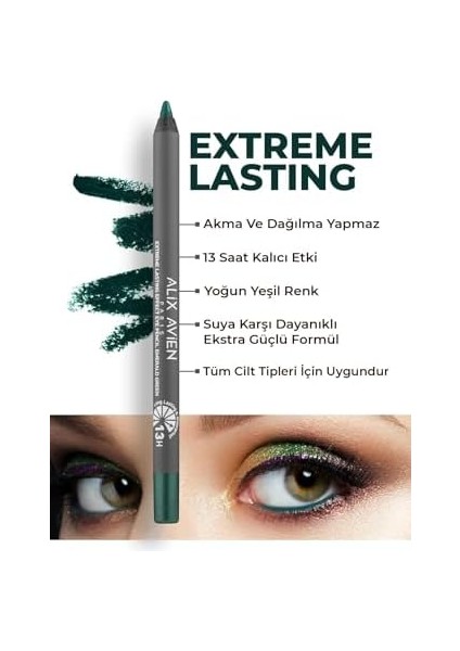 Alıx Avıen Uzun Süre Kalıcı Suya Dayanıklı Akma, Dağılma Yapmayan Yeşil Göz Kalemi - Extreme Emerald Green