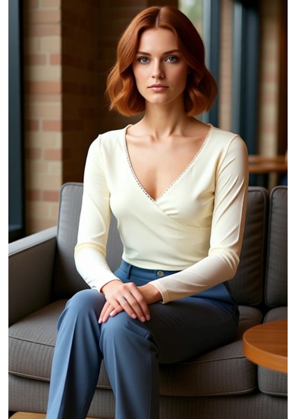 Kadın V Yaka Fitted Crop Uzun Kol Dantel Detaylı Anvelop Kışlık Pamuklu Elastan Bluz Kaliteli fiyatları