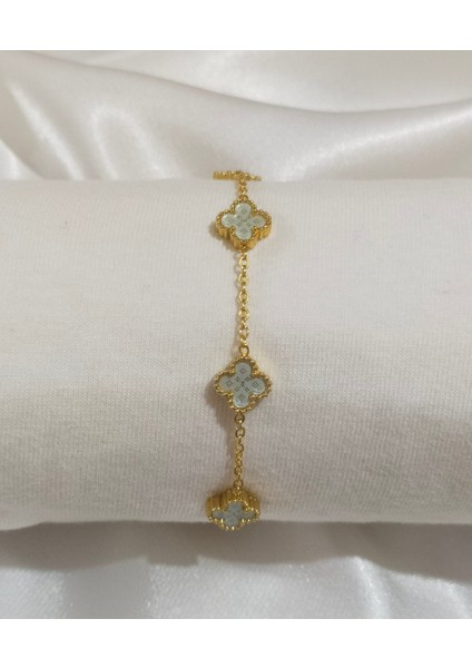 Altın Renkli Yonca Figürlü Renkli Taşlı Zincir Bileklik