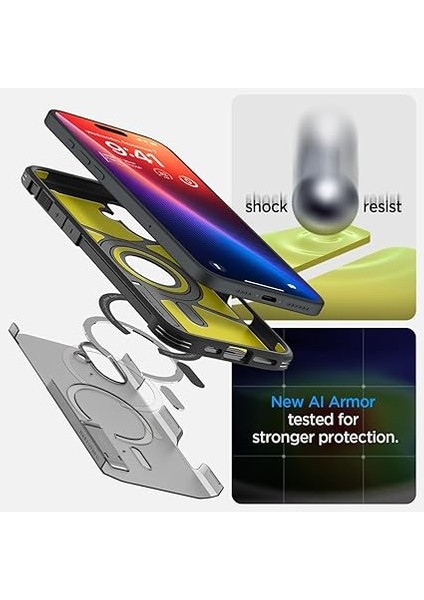 iPhone 16 ile Uyumlu Ekstra Dayanıklı Magsafe Kılıf Tough Armor Ai Hava Kanalı Teknolojisi Askeri Sınıf Koruma Magfit Kickstand'lı Frost Black Çift Katman Kapak - ACS08515 indirimleri