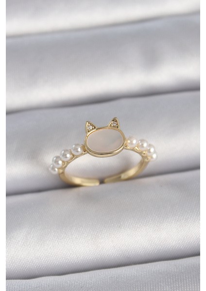 Pirinç Gold Renk Ayarlanabilir Beyaz Mineli Kedi Model Inci Detay Kadın Yüzük - Lisinya