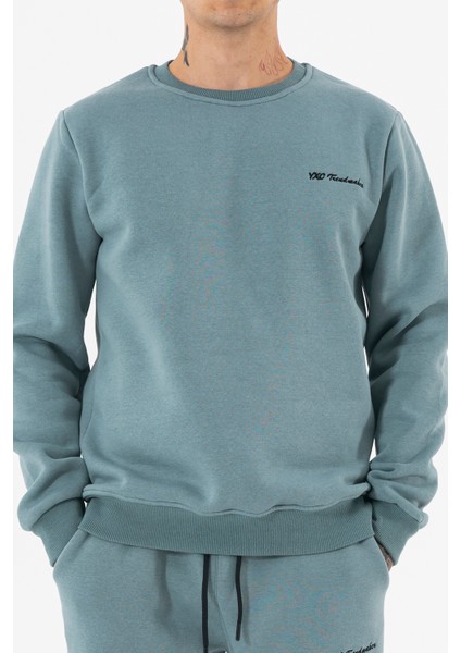 Erkek Açık Mavi Sweatshirt Bisiklet Yaka Rahat Kalıp 3 Iplik Şardonlu Nakışlı