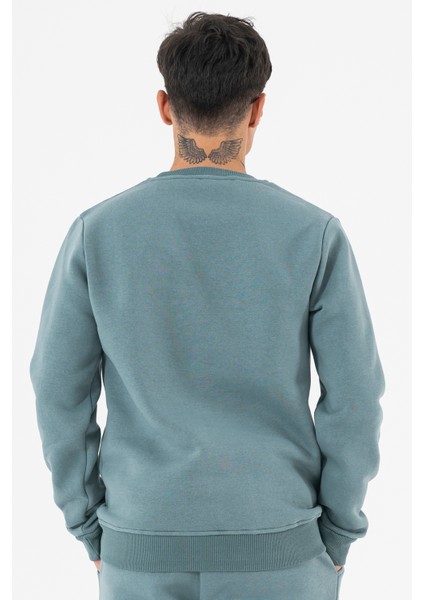 Erkek Açık Mavi Sweatshirt Bisiklet Yaka Rahat Kalıp 3 Iplik Şardonlu Nakışlı