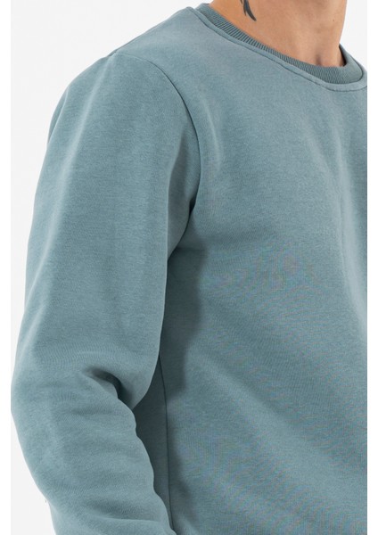 Erkek Açık Mavi Sweatshirt Bisiklet Yaka Rahat Kalıp 3 Iplik Şardonlu Nakışlı