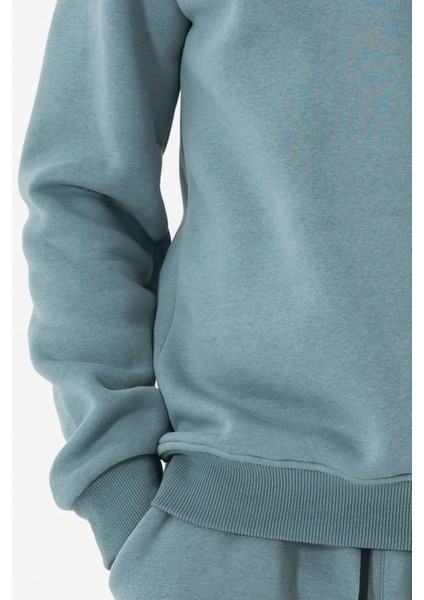 Erkek Açık Mavi Sweatshirt Bisiklet Yaka Rahat Kalıp 3 Iplik Şardonlu Nakışlı