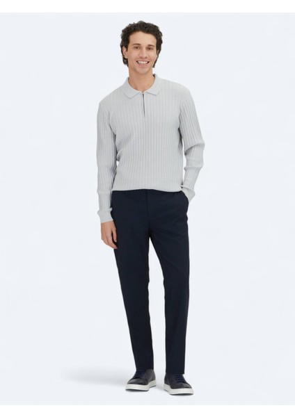 Açık Gri Polo Yaka Jakarlı Yün Karışımlı Triko Kazak fiyatları