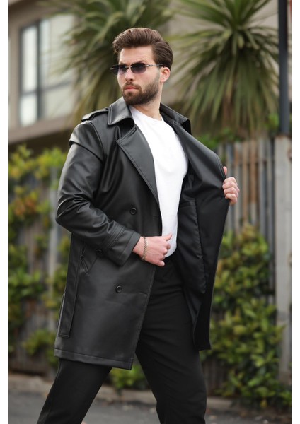 Uzun Beli Kemerli Apoletli Deri Trençkot & Pardesü fırsatları