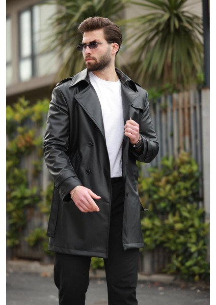 Uzun Beli Kemerli Apoletli Deri Trençkot & Pardesü indirimleri