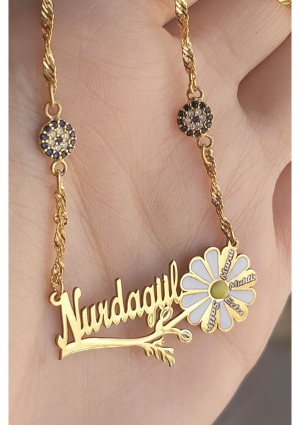 925 Ayar Gümüş 24 Ayar Altın Kaplama 2 Nazar Boncuklu Isimli Papatya Kolye