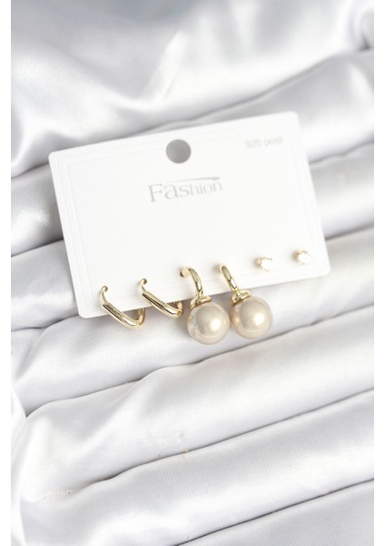 Pirinç Gold Renk Inci Detaylı 925 Gümüş Çivili Kadın Küpe Seti - Lisinya