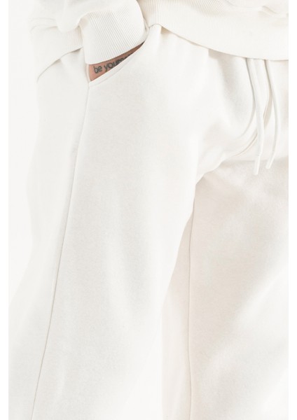 Erkek Beyaz Eşofman Altı Rahat Kalıp 3 Iplik Şardonlu Düz Paça