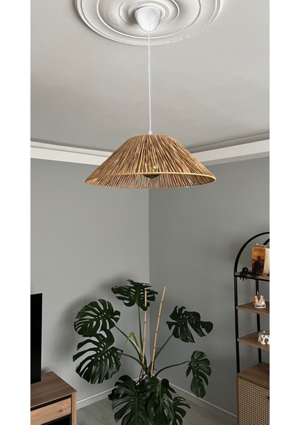 El Yapımı Doğal Kağıt Rafya - Bohem Rustik Hasır Salon,yatak Odası Sarkıt Avize (40 Cm) (Beyaz Duy)