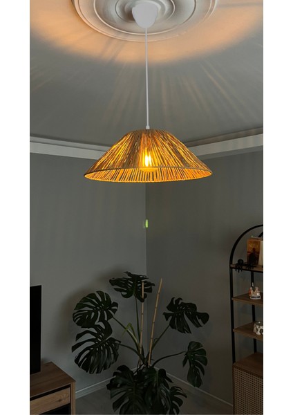 El Yapımı Doğal Kağıt Rafya - Bohem Rustik Hasır Salon,yatak Odası Sarkıt Avize (40 Cm) (Beyaz Duy) fiyatları