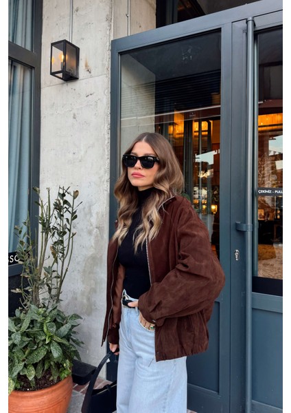 Koyu Kahverengi Beli Lastikli Astarlı Dik Yaka Süet Ceket