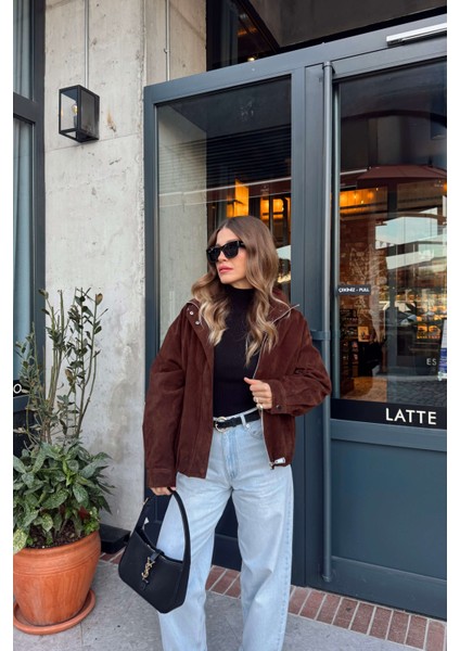 Koyu Kahverengi Beli Lastikli Astarlı Dik Yaka Süet Ceket modelleri