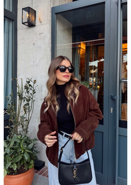 Koyu Kahverengi Beli Lastikli Astarlı Dik Yaka Süet Ceket fırsatları