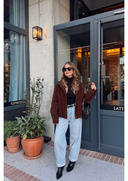 Koyu Kahverengi Beli Lastikli Astarlı Dik Yaka Süet Ceket indirimleri