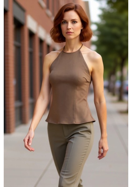 Kadın Halter Yaka Gabardin Dokuma Bluz Şık ve Konforlu Günlük Stil Kaliteli Şık Rahat Modern