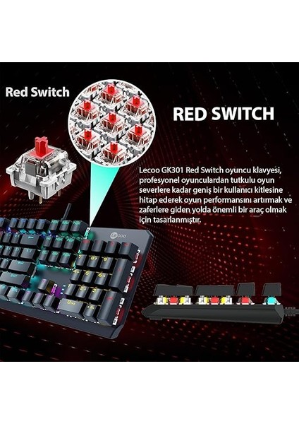 GK301 USB Kablolu Red Switch Mekanik Oyuncu Klavyesi - Makro Tuş Atamalı, Rgb LED Aydınlatmalı, Qwerty Türkçe Tuş Dizilimi, Gaming Türkçe Q Klavye Metalik Gri modelleri