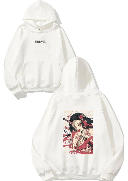 Anime Cat Tasarım Baskılı Oversize Beyaz Kapüşonlu Sweatshirt