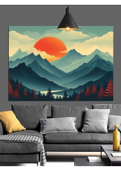Dağ Güneş Minimalist Manzara Dekoratif Kanvas - Mdf Ahşap Tablo