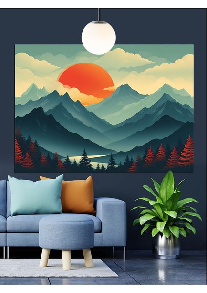 Dağ Güneş Minimalist Manzara Dekoratif Kanvas - Mdf Ahşap Tablo fırsatları
