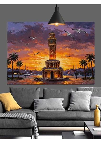 Izmir Saat Kulesi Günbatımı Şehir Dekoratif Kanvas - Mdf Ahşap Tablo