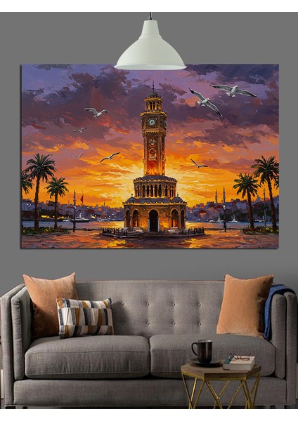 Izmir Saat Kulesi Günbatımı Şehir Dekoratif Kanvas - Mdf Ahşap Tablo fiyatları