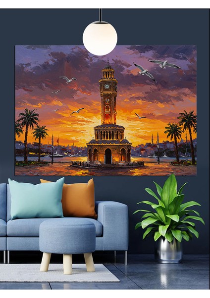 Izmir Saat Kulesi Günbatımı Şehir Dekoratif Kanvas - Mdf Ahşap Tablo fırsatları