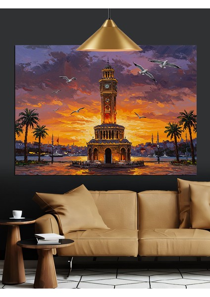 Izmir Saat Kulesi Günbatımı Şehir Dekoratif Kanvas - Mdf Ahşap Tablo indirimleri