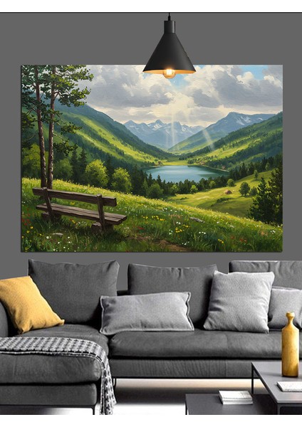 Yeşil Tepeler Vadiler Huzurlu Manzara Dekoratif Kanvas - Mdf Ahşap Tablo fiyatları