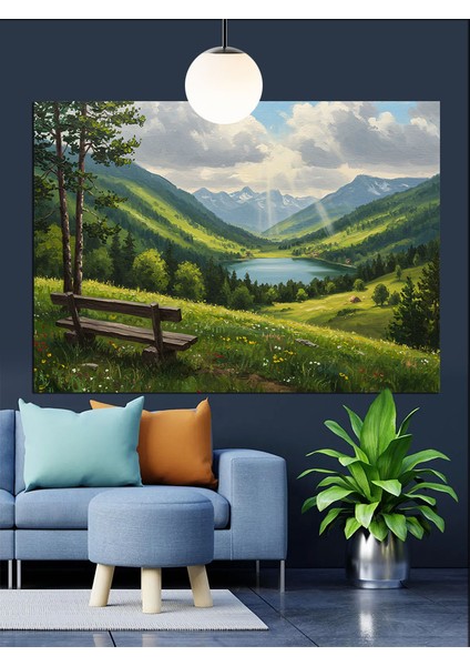 Yeşil Tepeler Vadiler Huzurlu Manzara Dekoratif Kanvas - Mdf Ahşap Tablo indirimleri