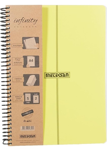 Infinity Primary Serisi, A4, 7 Konulu (5 Kareli, 2 Çizgili) 210 Yaprak Pp Kapaklı Spiralli Defter, Sarı