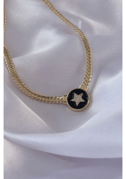 Bfs Pirinç Gold Renk Zirkon Taşlı Yıldız Model Siyah Mineli Ezme Zincirli Serenay Kolyesi