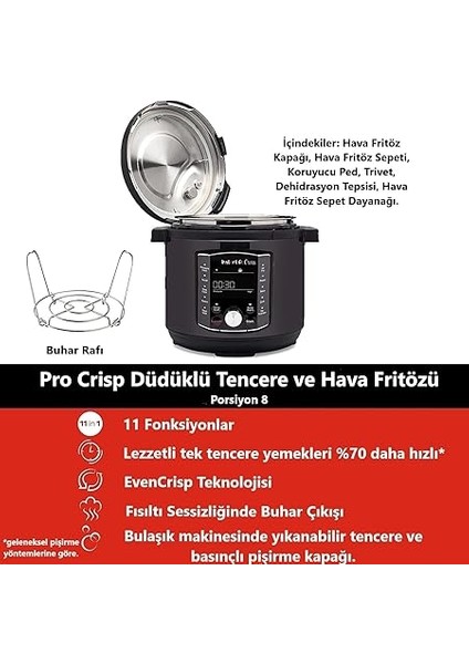 Pot Pro Crisp ve Airfryer, 11'i 1 Arada Elektrikli Çok Amaçlı Pişirici - Sıcak Hava Fritözü, Siyah Paslanmaz Çelik, 1500 W, 7,6 L modelleri