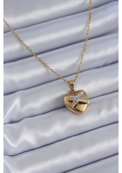 Bfs 316L Çelik Gold Renk Zirkon Detay Kalp Model Kadın Kolye