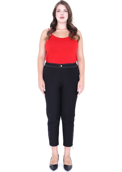 Ekstra Battal Dar Paça Toparlayıcı Yüksek Belli Paçası Kelebek Işleme Beli Lastikli Kadın Pantolon