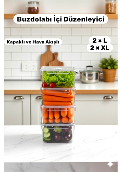 Dali 4 Adet Kapaklı Buzdolabı Içi Sebze Meyve Düzenleyici Seti Şeffaf Organizer (2 Xl + 2 L Boy)