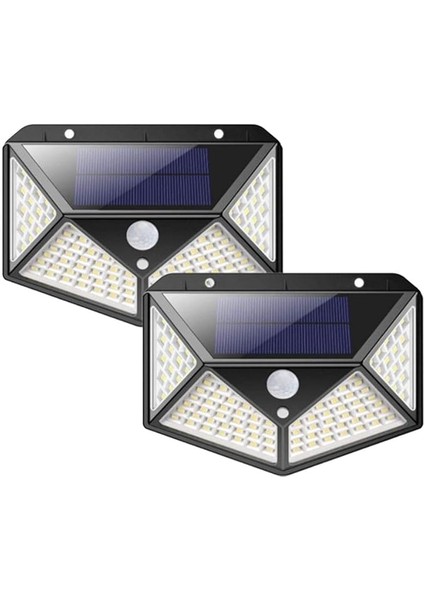 Solar Lamba 100 LED Pır Hareket Sensörlü Dış Duvar Lambası IP65 Bahçe Teras - 2 Adet