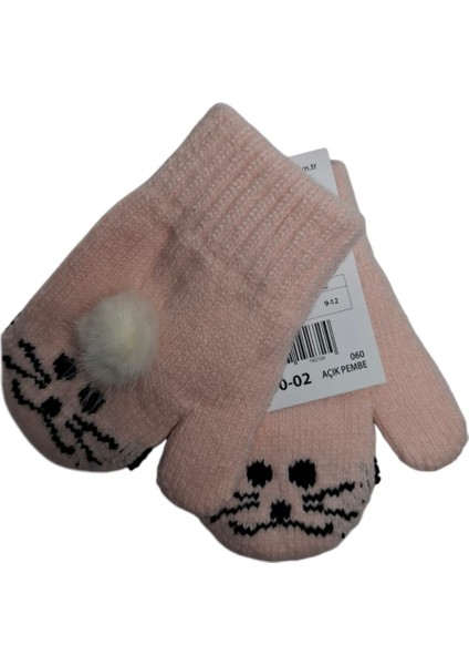 Spteks Kitti 1-3 Yaş Kız Çocuk Açık Pembe Renk Hayvan Desenli ve Figürlü Kışlık Örme Eldiven