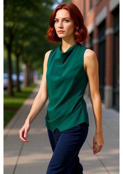 Kadın Kolsuz Degaje Yaka Saten Bluz Zarif Bağlama Detaylı Günlük Kullanıma Uygun Kaliteli Şık