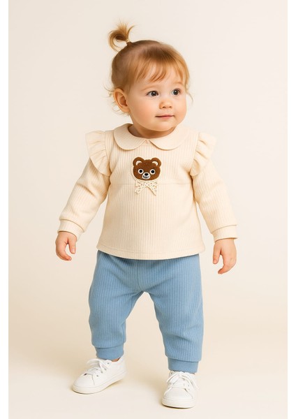 Kolları Fırfırlı Ayıcık Desenli Kız Çocuk Takım